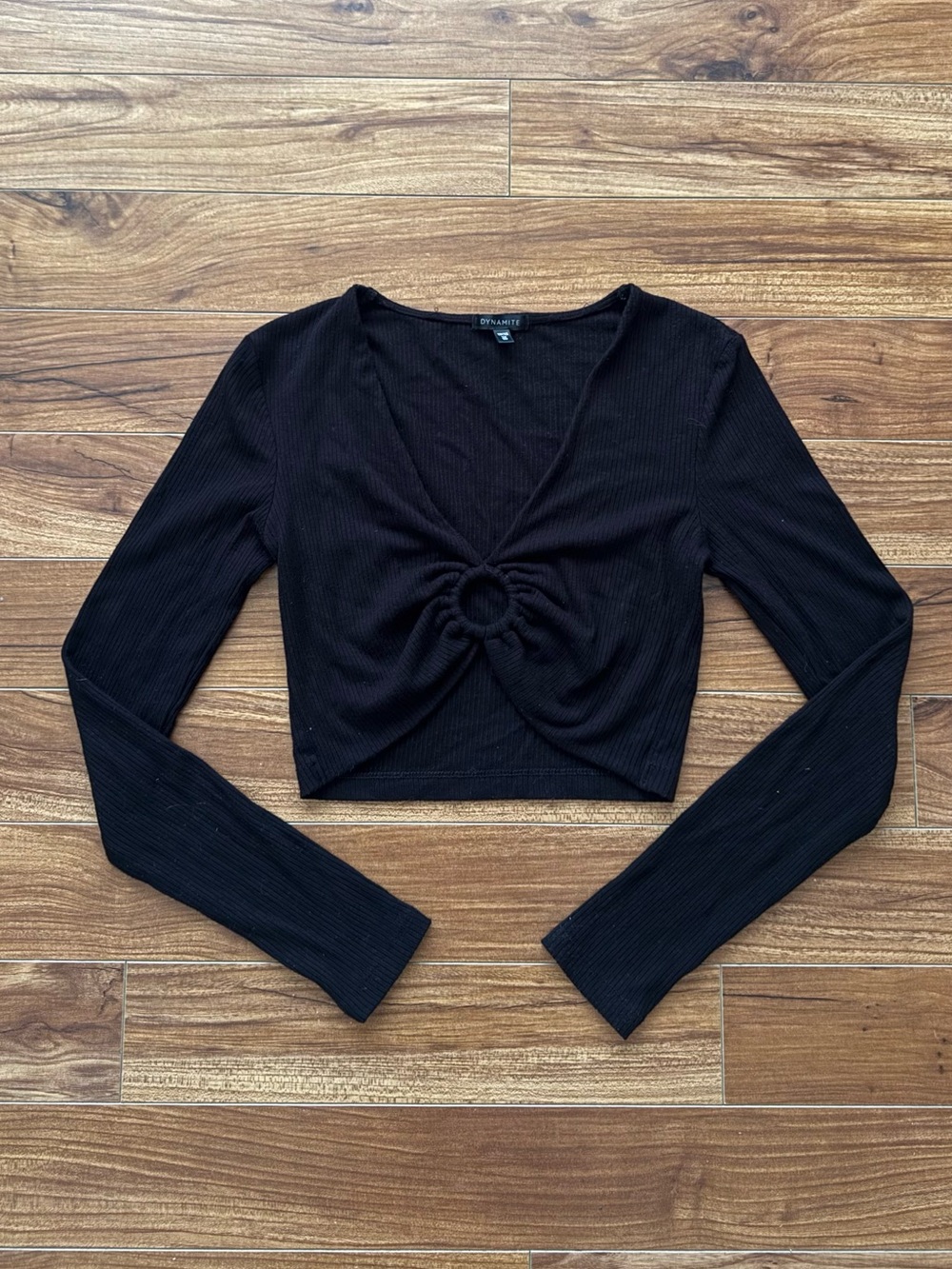 Dynamite Black Ribbed O-Ring Long Sleeve Crop Top TP/XS